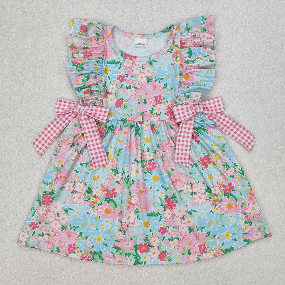 Baby Girls Blue Pink Flowers Bows Knee Length Dresses