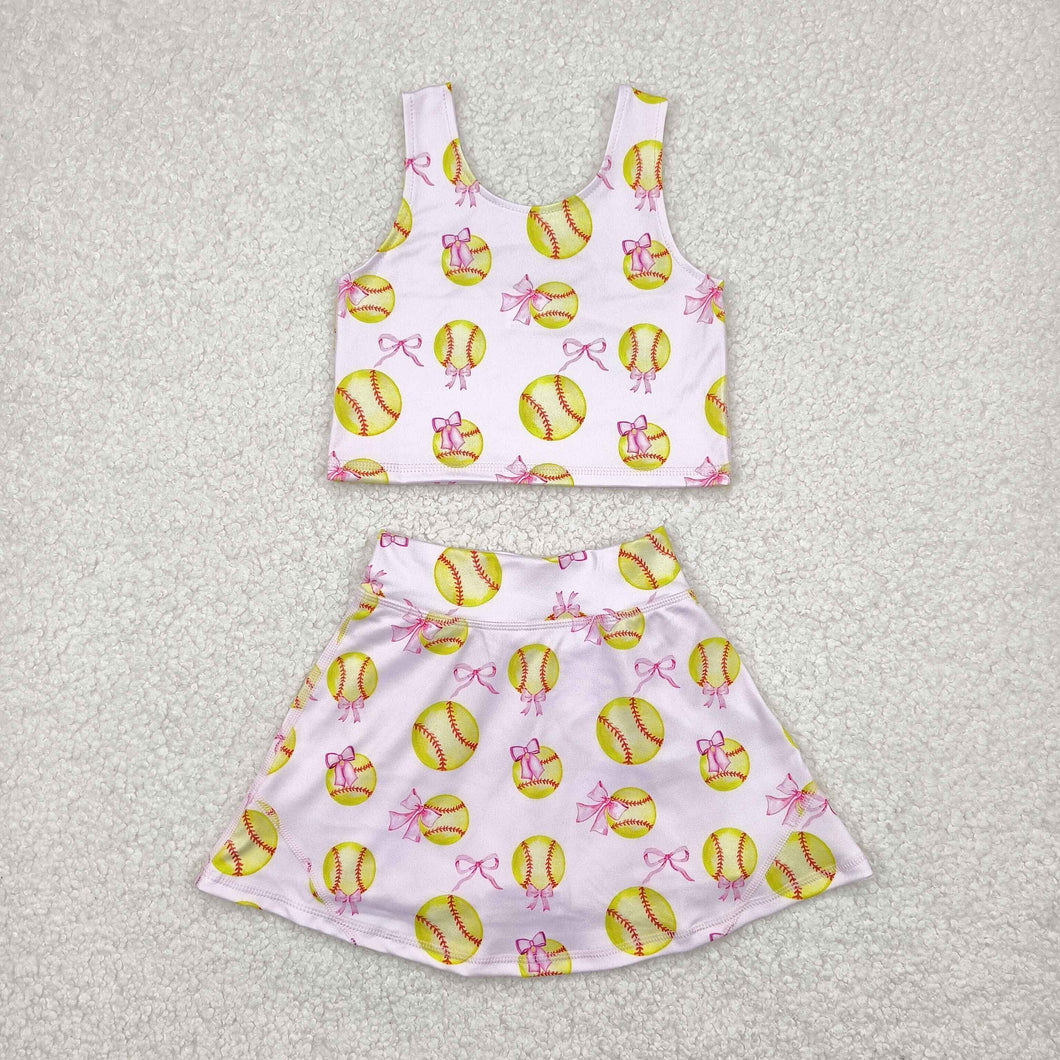 Sibling Baby Girls Bows Baseballs Yoga Team Active Wear Top Shorts Skirts Clothes Sets
