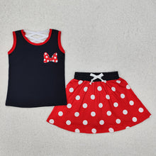 Load image into Gallery viewer, Baby Girls Black Red Dots Bow Shirt Skirt Clothes Sets
