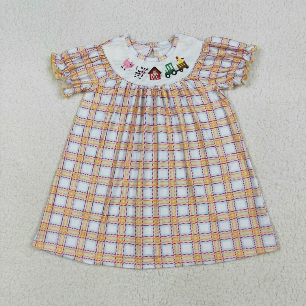 Sibling Baby Girls Fall Plaid Cows Farm Smocked Rompers Dresses