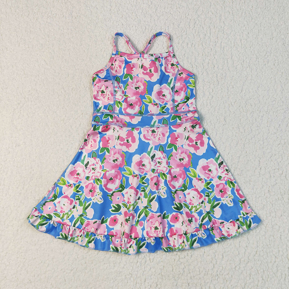 Baby Girls Blue Strap Colorful Floral Yoga Ruffle Knee Length Dresses