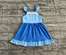Load image into Gallery viewer, Baby Girls Blue Flutter Sleeves Patchwork Knee Length Dresses
