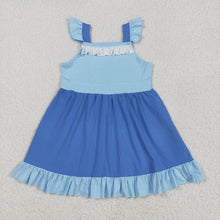 Load image into Gallery viewer, Baby Girls Blue Flutter Sleeves Patchwork Knee Length Dresses
