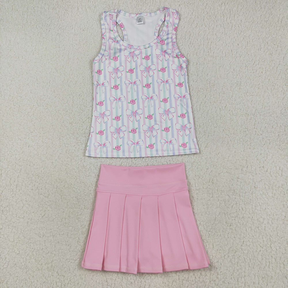 Baby Girls Pink Sleeveless Flowers Bows Top Pleated Skirts Yoga Sets