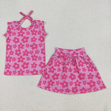 Load image into Gallery viewer, Baby Girls Sleeveless Hot Pink Flowers Top Pockets Short Skirts Sets
