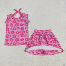 Load image into Gallery viewer, Baby Girls Sleeveless Hot Pink Flowers Top Pockets Short Skirts Sets
