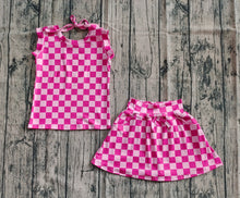 Load image into Gallery viewer, Baby Girls Sleeveless Pink Plaid Top Pockets Short Skirts Sets
