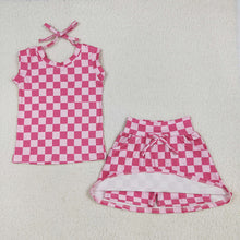 Load image into Gallery viewer, Baby Girls Sleeveless Pink Plaid Top Pockets Short Skirts Sets
