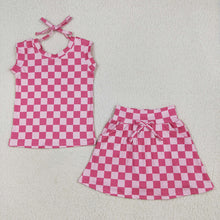 Load image into Gallery viewer, Baby Girls Sleeveless Pink Plaid Top Pockets Short Skirts Sets

