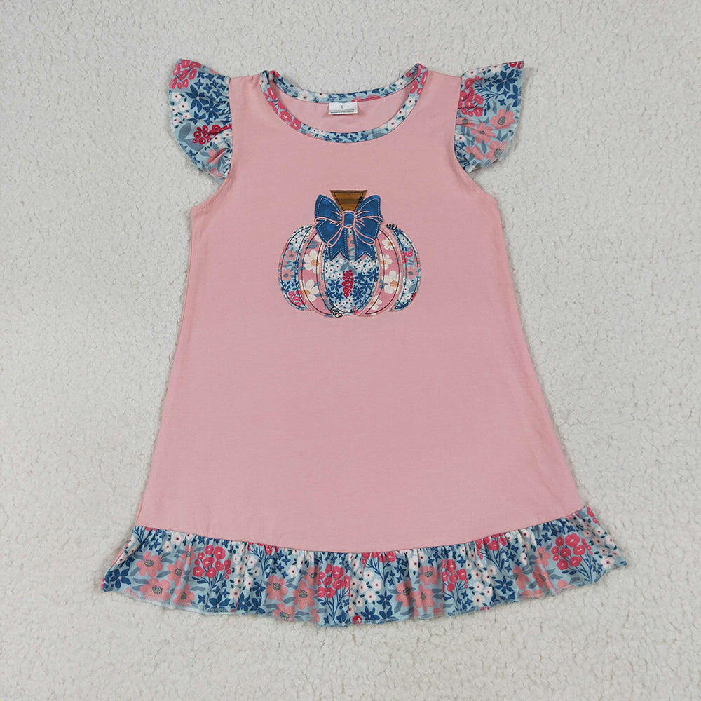 Baby Girls Pink Flutter Sleeves Floral Pumpkin Ruffle Knee Length Dresses
