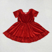 Load image into Gallery viewer, Baby Girls Short Sleeves Red Velvet Ruffle Knee Length Dresses
