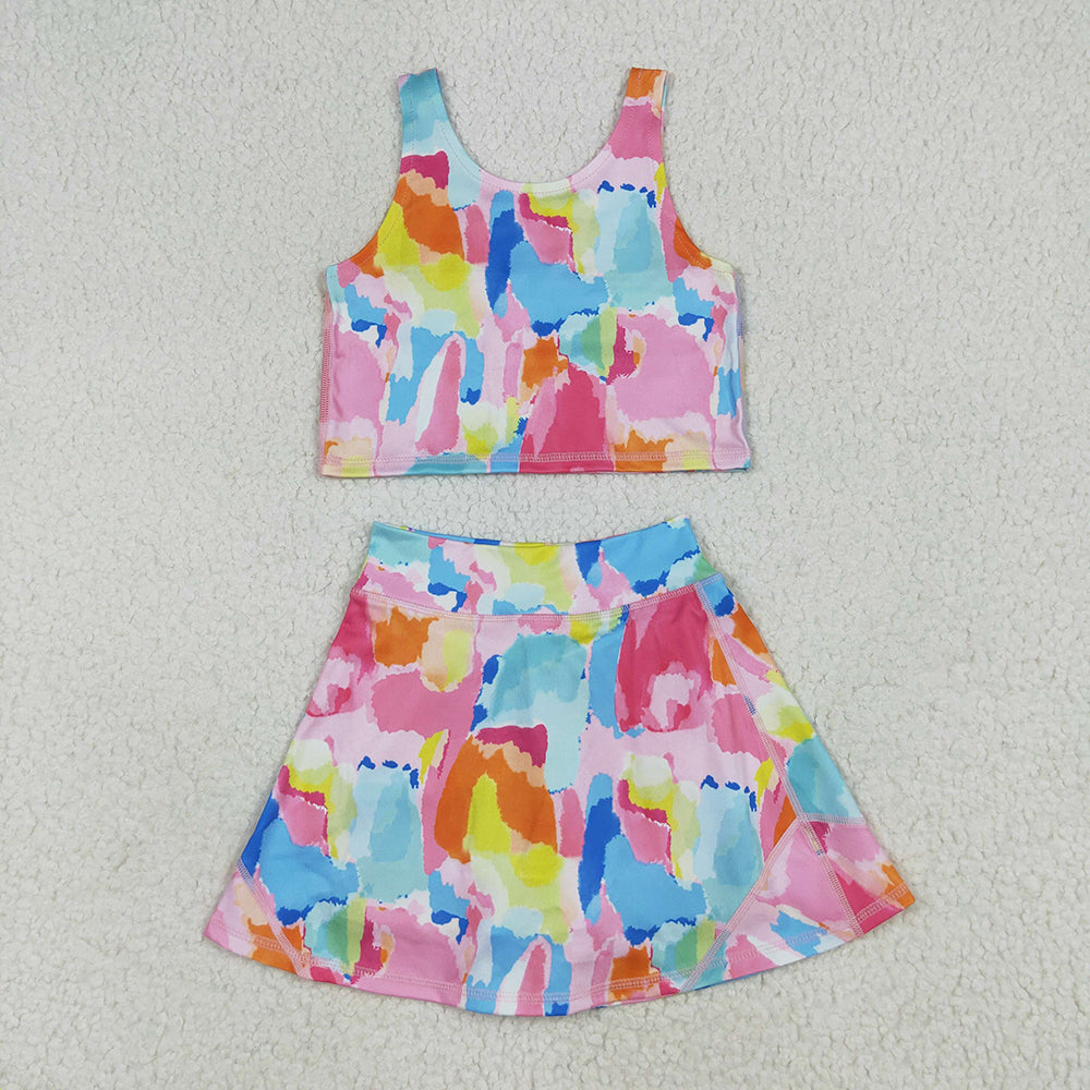 Baby Girls Sleeveless Watercolor Tie Dye Vest Top Short Skirts Yoga Sets