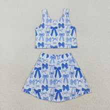 Load image into Gallery viewer, Baby Girls Sleeveless Blue Bows Vest Top Short Skirts Yoga Sets
