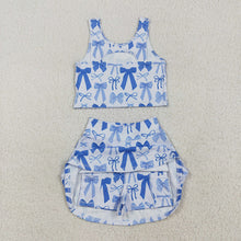 Load image into Gallery viewer, Baby Girls Sleeveless Blue Bows Vest Top Short Skirts Yoga Sets
