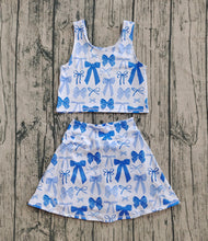 Load image into Gallery viewer, Baby Girls Sleeveless Blue Bows Vest Top Short Skirts Yoga Sets
