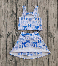 Load image into Gallery viewer, Baby Girls Sleeveless Blue Bows Vest Top Short Skirts Yoga Sets
