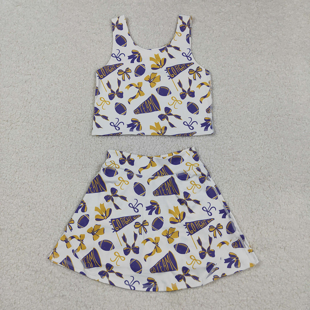 Baby Girls Purple Footballs Bows Plaid Vest Top Skorts Team Yoga Active Set
