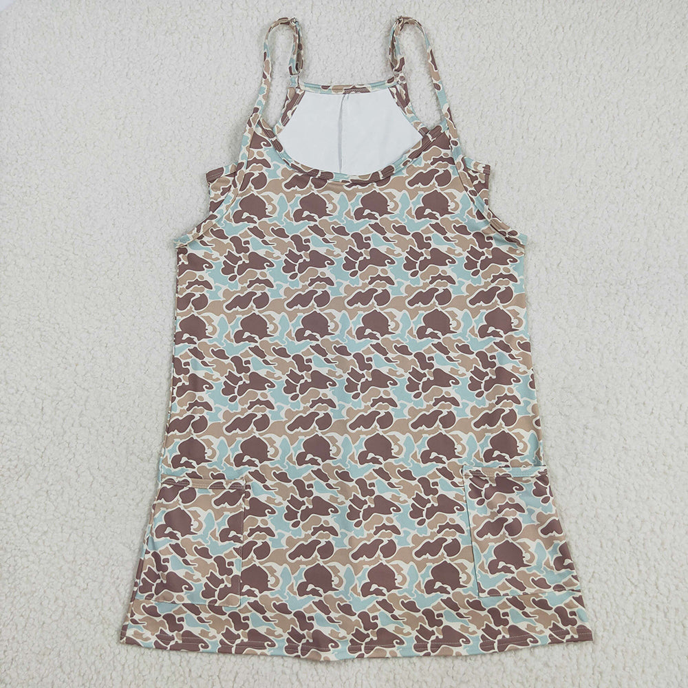 Adult Women Western Khaki Camo Strap Pockets Yoga Activity Shorts Dresses