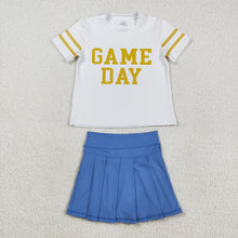 Load image into Gallery viewer, Baby Girls Vinyl Gold Game Day Top Blue Pleated Skorts Yoga Active Team Set
