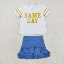 Load image into Gallery viewer, Baby Girls Vinyl Gold Game Day Top Blue Pleated Skorts Yoga Active Team Set
