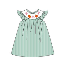 Load image into Gallery viewer, Embroidery Baby Girls Green Stripe Bows Pumpkins Fall Knee Length Dresses
