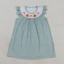 Load image into Gallery viewer, Embroidery Baby Girls Green Stripe Bows Pumpkins Fall Knee Length Dresses
