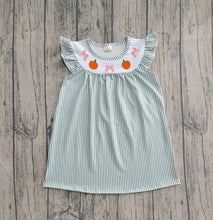 Load image into Gallery viewer, Embroidery Baby Girls Green Stripe Bows Pumpkins Fall Knee Length Dresses
