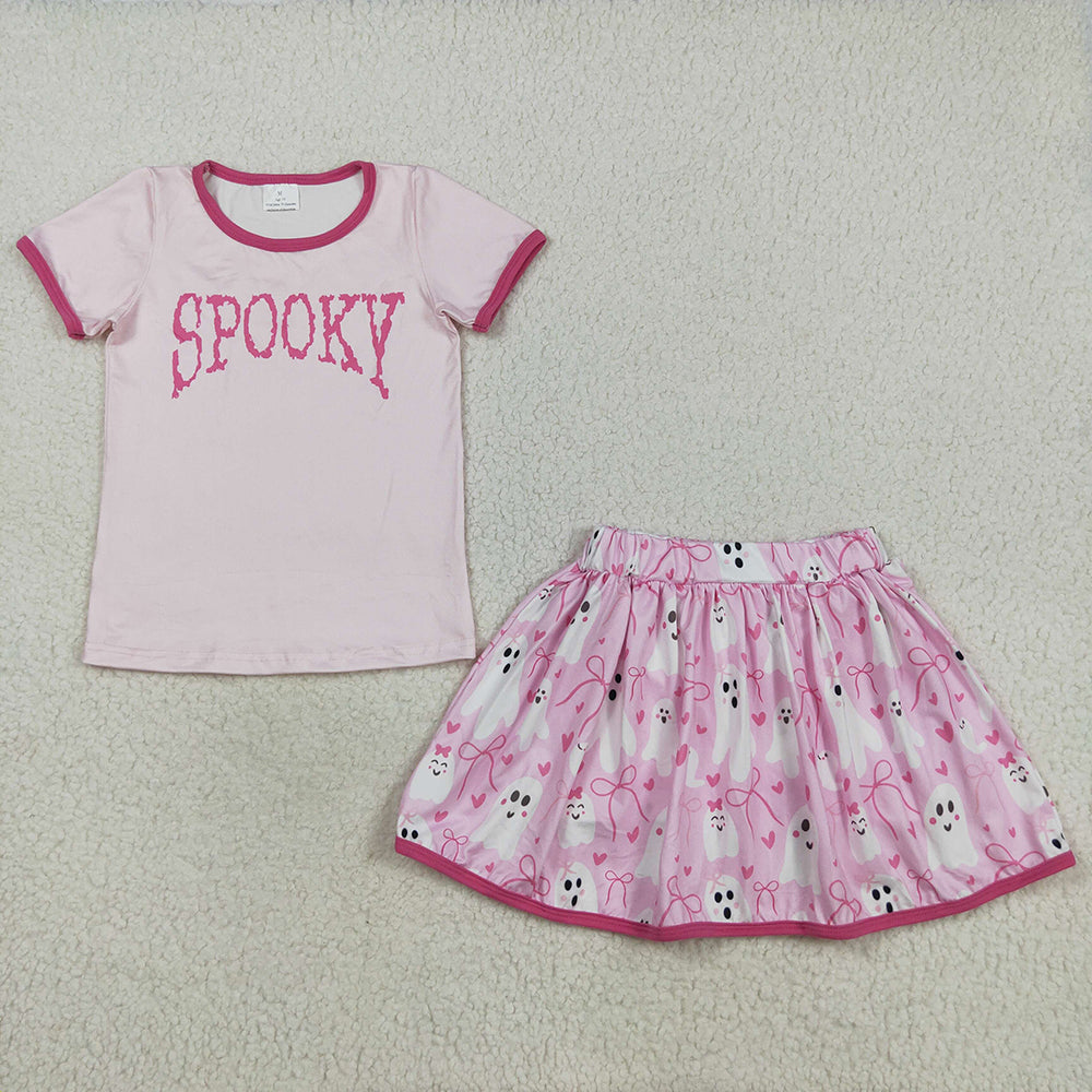 Baby Girls Pink Spooky Top Ghosts Bows Plaid Skorts Halloween Set