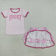 Load image into Gallery viewer, Baby Girls Pink Spooky Top Ghosts Bows Plaid Skorts Halloween Set
