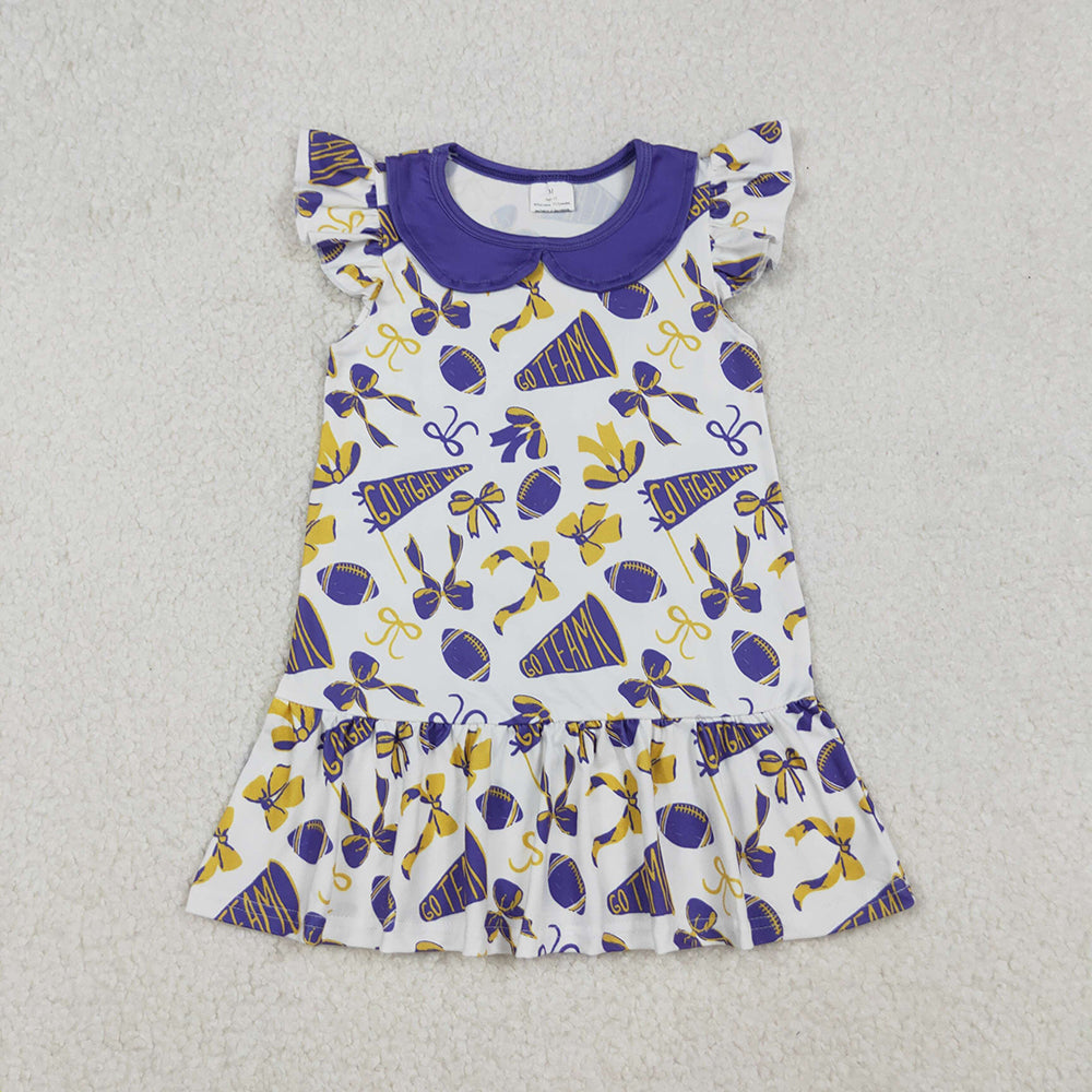 Baby Girls Flutter Sleeves Purple Cheer Bows Team Knee Length Dresses