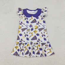 Load image into Gallery viewer, Sibling Baby Girls Purple Bows Footballs Go Team Ruffle Zipper Romper Knee Length Dresses
