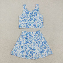 Load image into Gallery viewer, Baby Girls Blue Flowers Print Vest Top Shorts Skirts Yoga Activity Set
