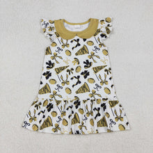 Load image into Gallery viewer, Sibling Baby Girls Gold Bows Footballs Go Team Ruffle Zipper Footie Romper Knee Length Dress
