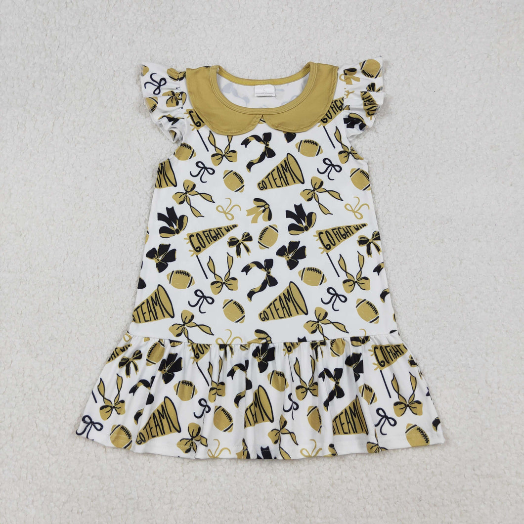 Sibling Baby Girls Gold Bows Footballs Go Team Ruffle Zipper Footie Romper Knee Length Dress