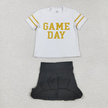 Load image into Gallery viewer, Baby Girls Vinyl Gold Game Day Top Black Pleated Skorts Yoga Active Team Set
