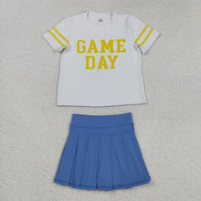 Load image into Gallery viewer, Baby Girls Vinyl Yellow Game Day Top Blue Pleated Skorts Yoga Active Team Set
