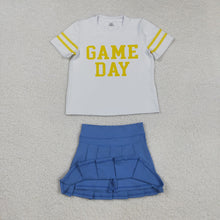 Load image into Gallery viewer, Baby Girls Vinyl Yellow Game Day Top Blue Pleated Skorts Yoga Active Team Set
