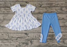 Load image into Gallery viewer, Baby Girls Blue Bows Ruffle Top Legging Clothes Sets
