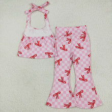 Load image into Gallery viewer, Baby Girls Strap Pink Plaid Vest Halter Top Bell Bottom Pant Sets
