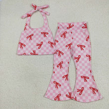 Load image into Gallery viewer, Sibling Baby Girls Bows Strap Shirt Top Plaid Bell Bottom Pant Sets

