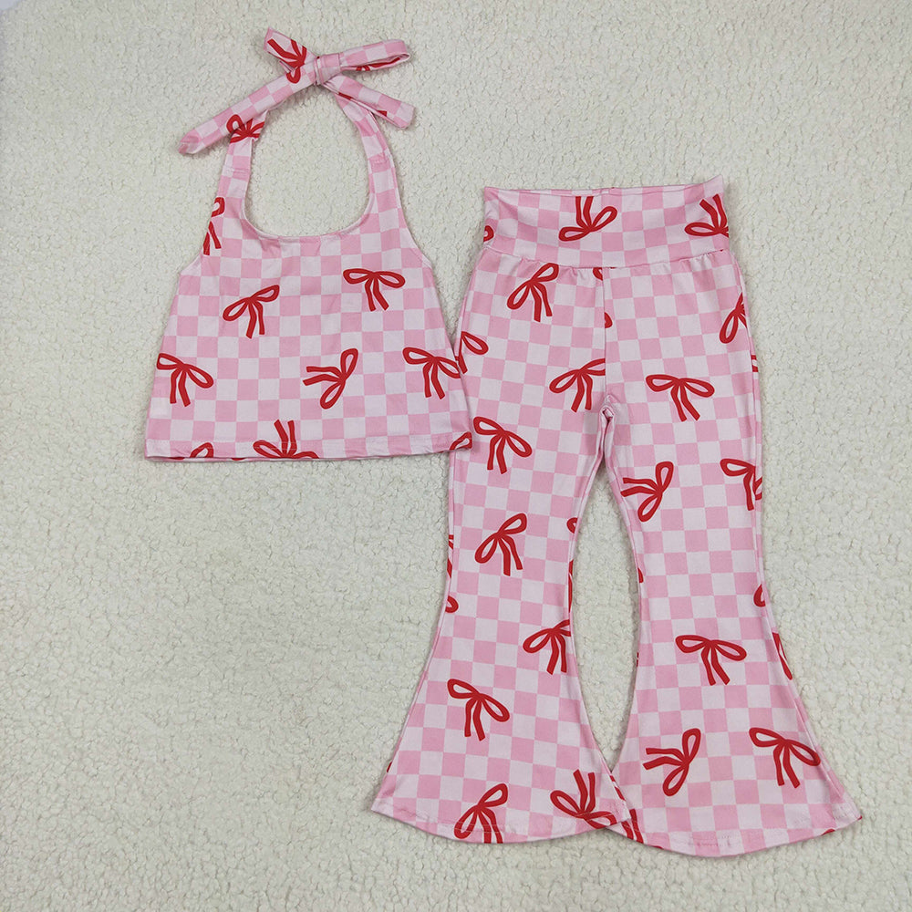 Baby Girls Strap Pink Plaid Vest Halter Top Bell Bottom Pant Sets