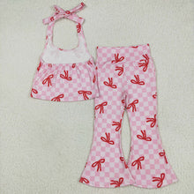 Load image into Gallery viewer, Sibling Baby Girls Bows Strap Shirt Top Plaid Bell Bottom Pant Sets
