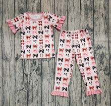 Load image into Gallery viewer, Baby Girls Pink Short Ruffle Sleeves Bows Horse Shoes Top Pant Pajamas Sets

