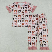 Load image into Gallery viewer, Baby Girls Pink Short Ruffle Sleeves Bows Horse Shoes Top Pant Pajamas Sets
