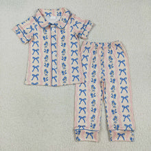 Load image into Gallery viewer, Sibling Baby Girls Blue Bows Flower Stripe Rompers Pajamas Sets
