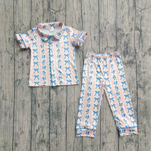 Load image into Gallery viewer, Baby Girls Short Sleeves Blue Bows Flower Stripe Top Pants Pajamas Sets
