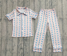 Load image into Gallery viewer, Adult Women Blue Bows Flowers Stripe Button Top Pant Pajamas Sets
