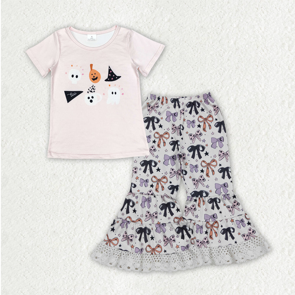 Baby Girls Ghost Pumpkins Top Bows Lace Bell Bottom Halloween Clothes Set