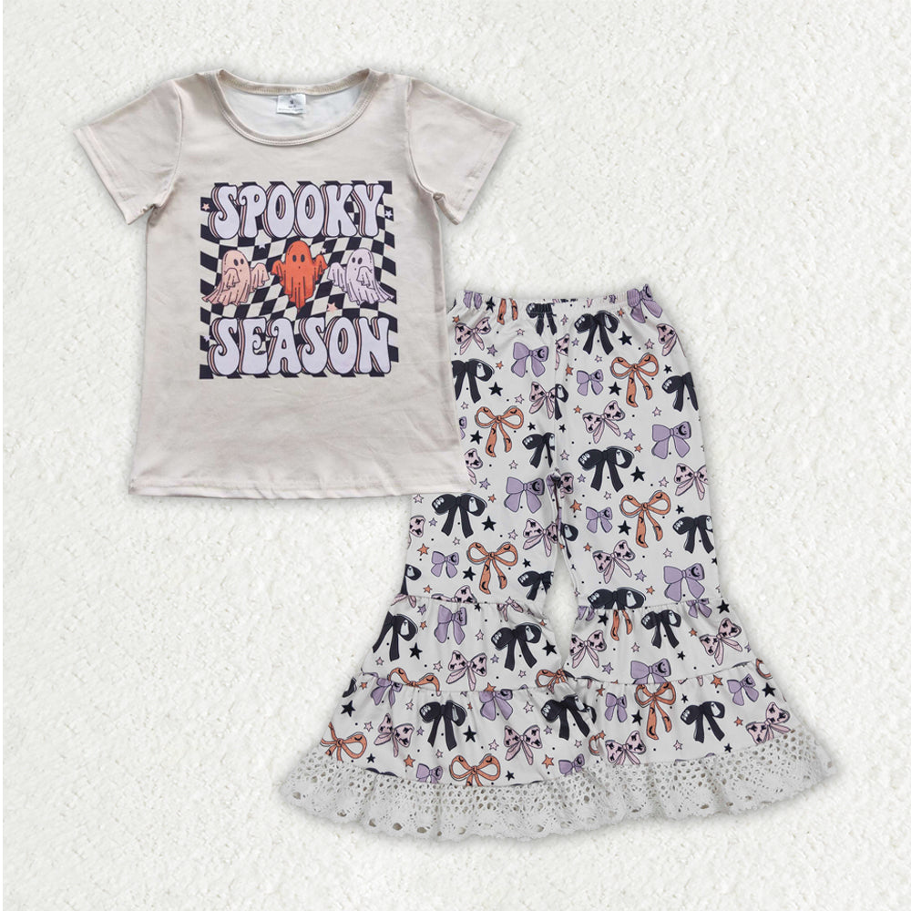 Baby Girls Spooky Ghosts Top Bows Lace Bell Bottom Halloween Clothes Set