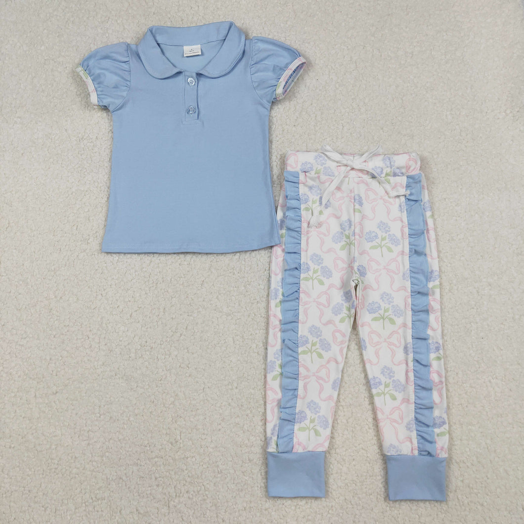 Baby Girls Blue Button Shirts Top Floral Ruffle Leggings Clothes Sets